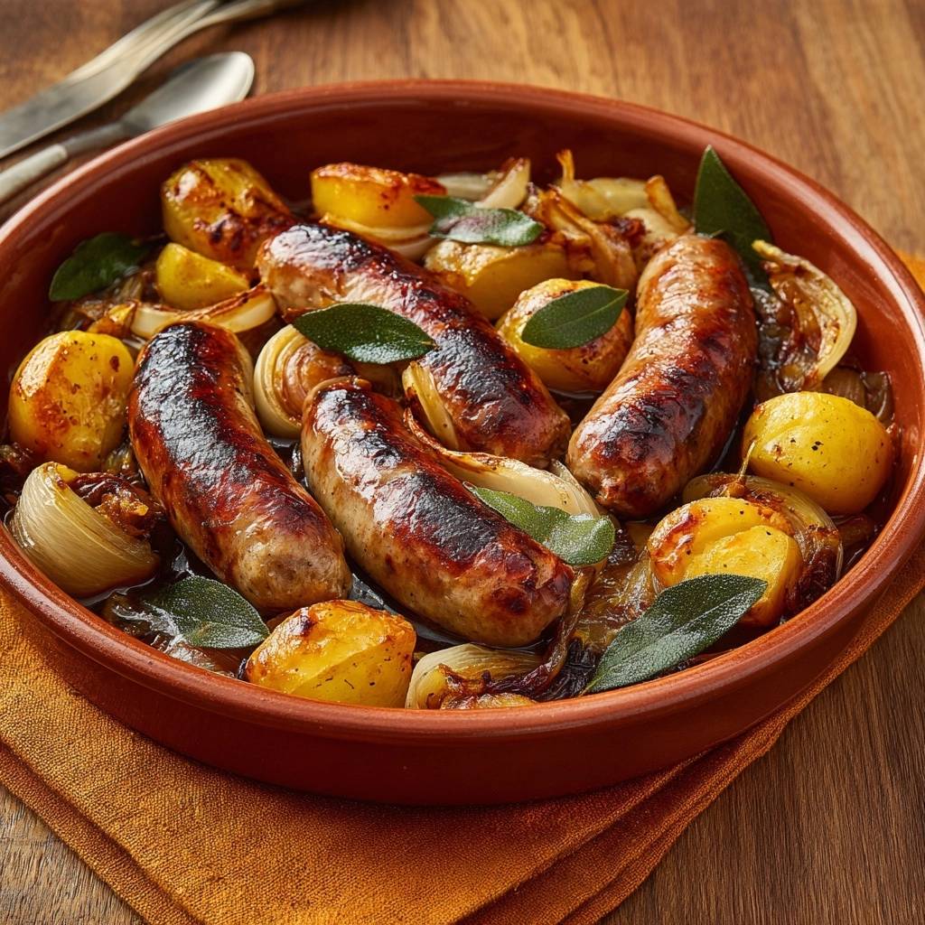 Bratwurst Mit Ofenkartoffeln Draufsicht 1 Bratwürste mit Ofenkartoffeln, Zwiebeln und Salbei draufsicht in einer Auflaufform, serviert mit frischen Salbeiblättern und gebratenem Gemüse.