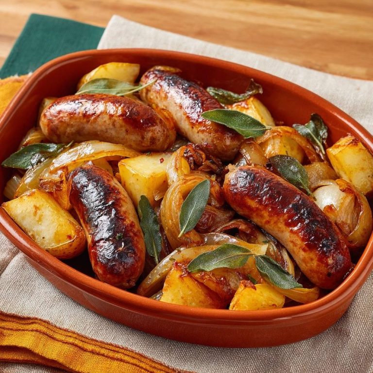 Bratwürste mit Ofenkartoffeln, Zwiebeln und Salbei in einer rustikalen Auflaufform, serviert von oben mit goldbraunen Würstchen.