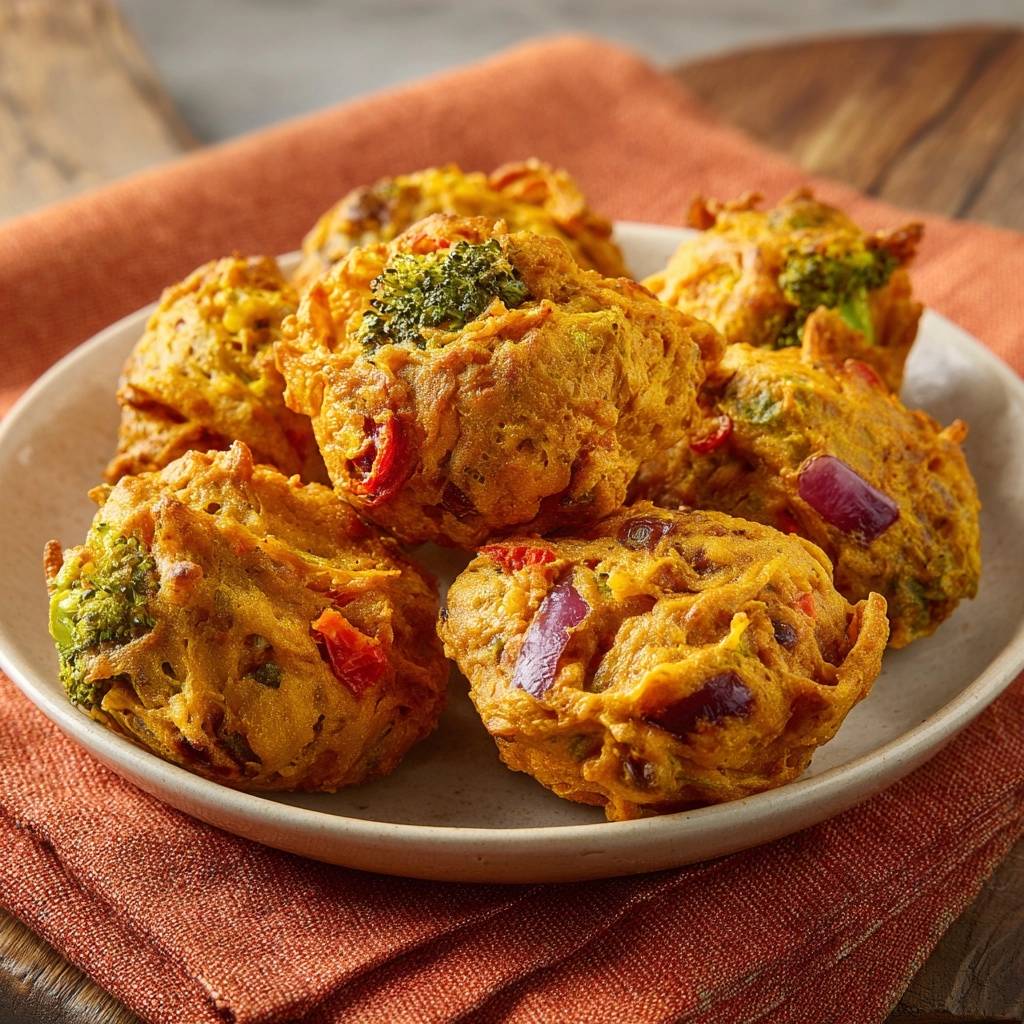 Brokkoli Pakoras Detail Gemse 1 Knusprige Brokkoli-Pakoras mit sichtbarem Brokkoli und roten Zwiebeln auf einem Teller serviert.