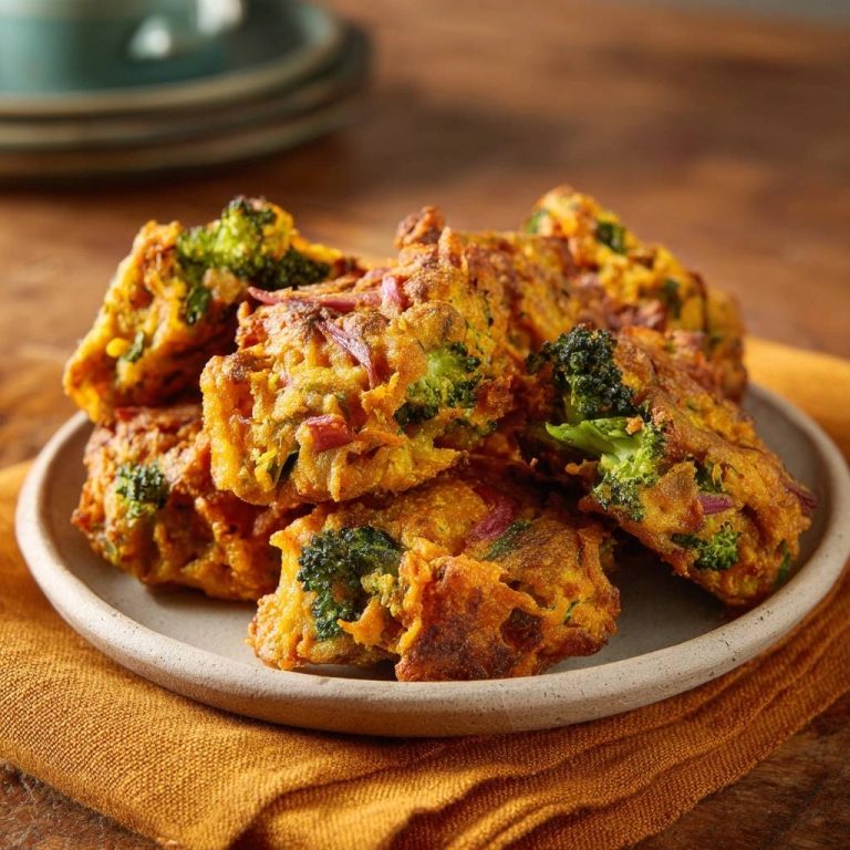 Knusprige Brokkoli-Pakoras auf einem Teller serviert, mit Sicht auf die detaillierte Textur der frittierten Teighülle und Brokkoliröschen.