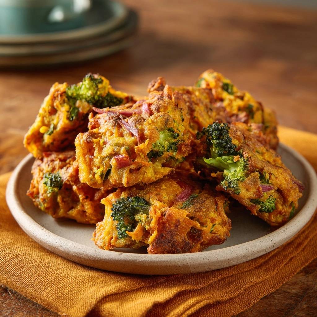 Knusprige Brokkoli-Pakoras auf einem Teller serviert, mit Sicht auf die detaillierte Textur der frittierten Teighülle und Brokkoliröschen.