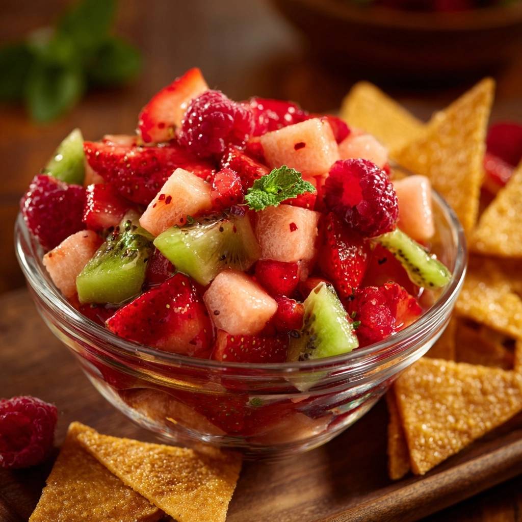 Bunte Fruchtsalsa Mit Knusprigen Chips Nahaufnahme 1 Bunte Fruchtsalsa mit knusprigen Chips in einer Glasschüssel, serviert mit knusprigen Tortilla-Chips, Nahaufnahme für eine bessere Detailansicht.