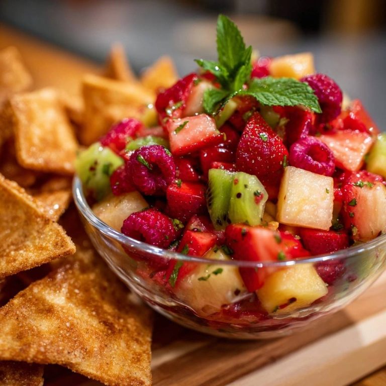 Bunte Fruchtsalsa mit knusprigen Chips serviert in einer Glasschüssel, garniert mit frischer Minze und umgeben von goldbraunen Chips.