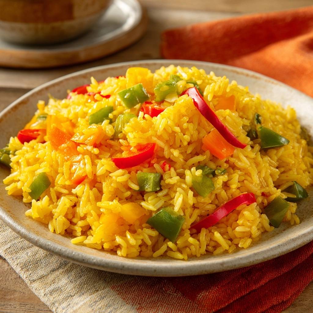 Bunter Gemüse-Pulao serviert auf einem Teller, garniert mit bunten Paprika-Stücken. Der fluffige Reis ist mit Gewürzen goldgelb gefärbt.