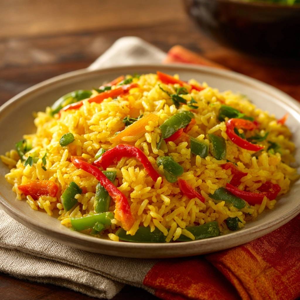 Bunter Gemüse-Pulao serviert auf einem Teller: Eine Nahaufnahme des aromatischen Reisgerichts mit buntem Gemüse. Das Gericht ist fertig zum Servieren.