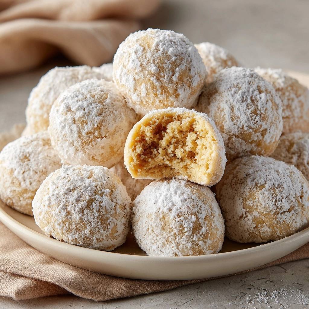 Butterige Schneebällchen mit Puderzucker bestäubt, hier mit einem Biss, der die saftige Textur im Inneren zeigt.