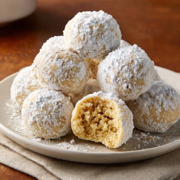 Butterige Schneebällchen sind auf einem Teller gestapelt, mit einem Biss, der ihren weichen Kern zeigt.