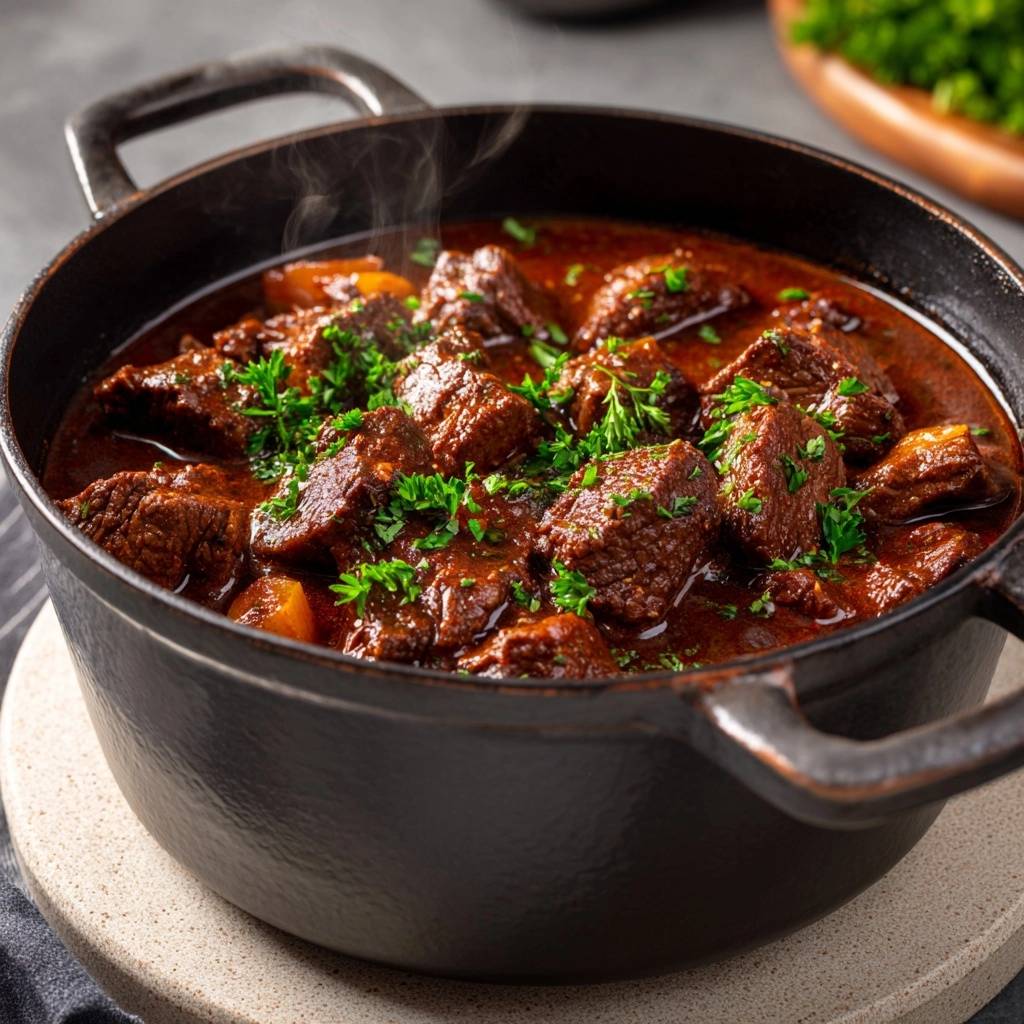 Butterzartes Rindergulasch in einem Topf, frisch zubereitet und mit frischer Petersilie garniert, steigt heißer Dampf auf.