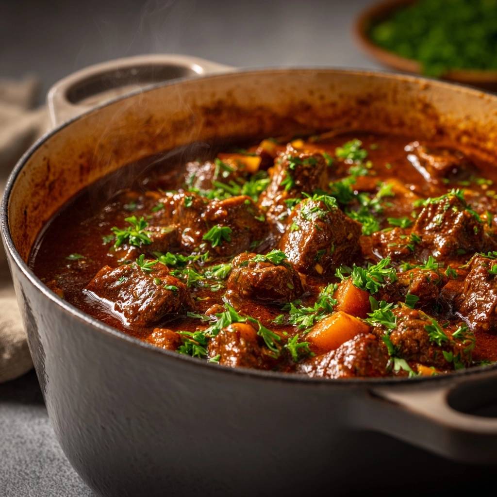 Butterzartes Rindergulasch Nahaufnahme Mit Dampf 1 Butterzartes Rindergulasch in Nahaufnahme: Die dampfende, deftige Fleisch-Gemüse-Mischung mit frischer Petersilie garniert.