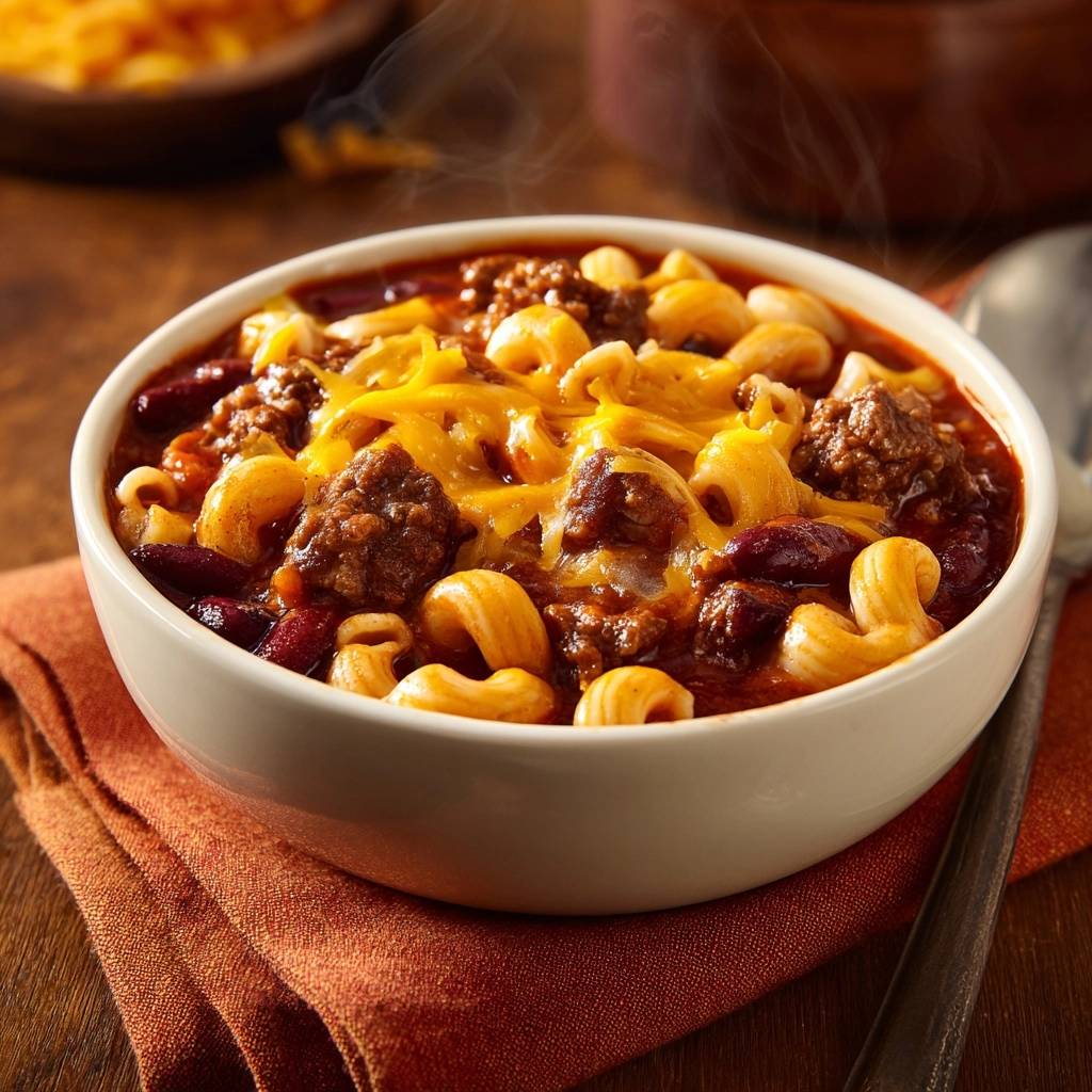 Chili Mac Mit Bohnen Und Kaese Nahaufnahme Mit Dampf 1 Chili Mac mit Bohnen und Käse, eine Nahaufnahme einer dampfenden Schüssel mit al dente Nudeln, Hackfleisch und geschmolzenem Käse.