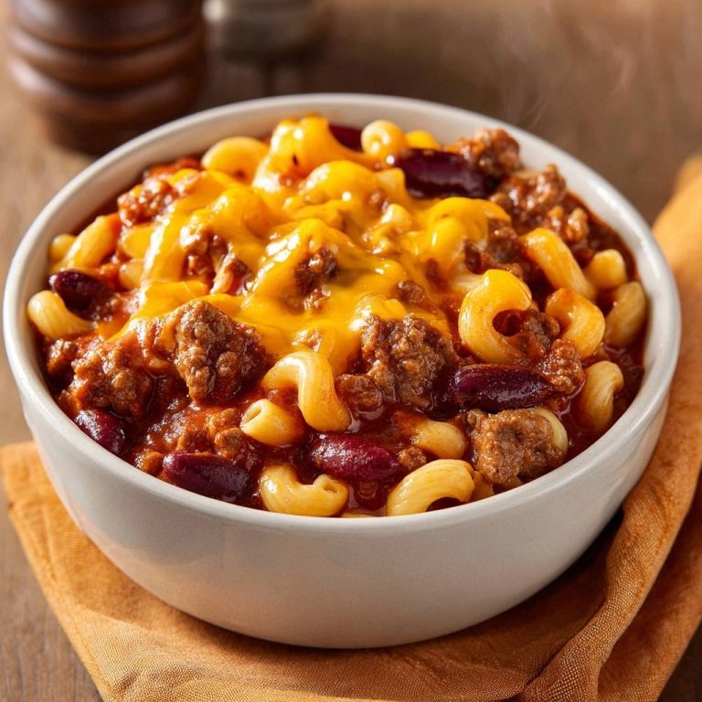 Chili Mac mit Bohnen und Käse in einer weißen Schüssel, serviert mit geschmolzenem Käse und dampfend von oben.