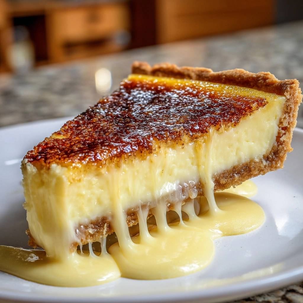 Crème Brûlée Käsekuchen, ein cremiger Käsekuchen mit einer knusprigen Karamellkruste, serviert auf einem weißen Teller mit köstlichem Belag.