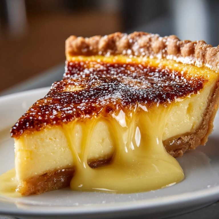Crème Brûlée Käsekuchen, serviert auf einem weißen Teller, zeigt einen köstlichen Querschnitt mit cremiger Füllung und knuspriger Kruste.
