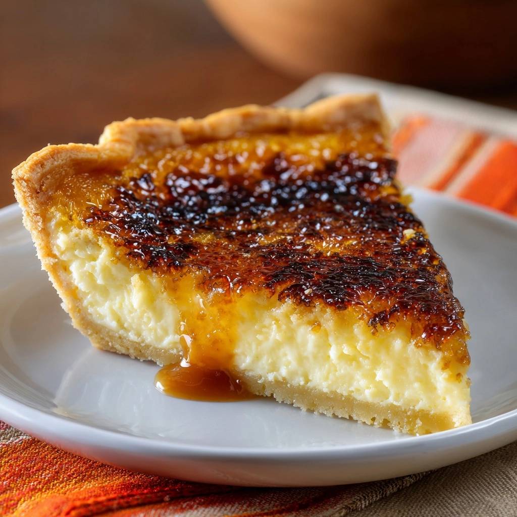 Creme Brulee Tarte Querschnitt Serviert 1 Crème Brûlée Tarte, serviert auf einem weißen Teller, zeigt einen köstlichen Querschnitt der knusprigen Kruste und cremigen Füllung.