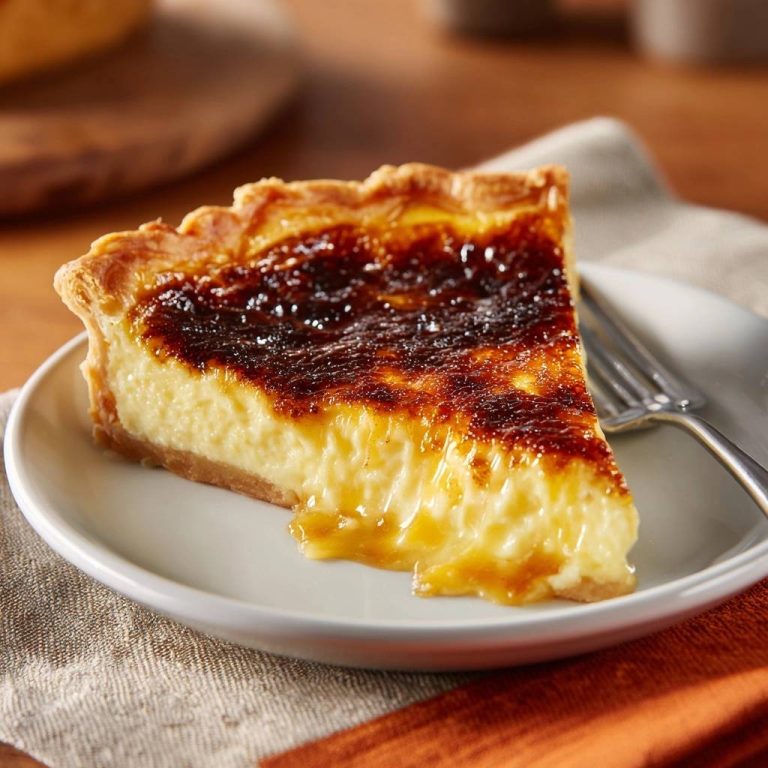 Crème Brûlée Tarte, serviert auf einem weißen Teller, zeigt einen köstlichen Querschnitt mit goldbrauner Kruste und cremiger Füllung.