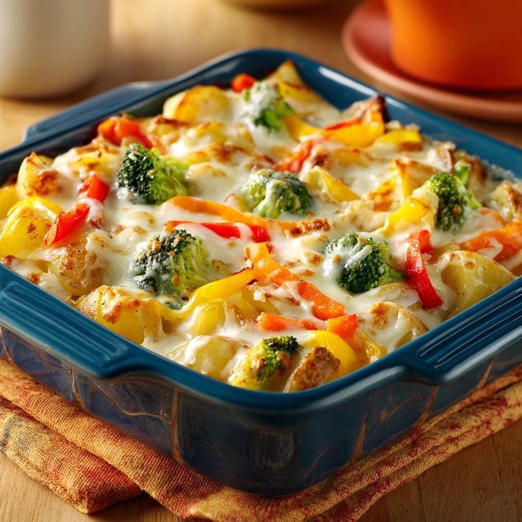 Cremiger Kartoffel-Brokkoli-Paprika-Auflauf als Nahaufnahme mit geschmolzenem Käse und bunten Gemüsesorten.