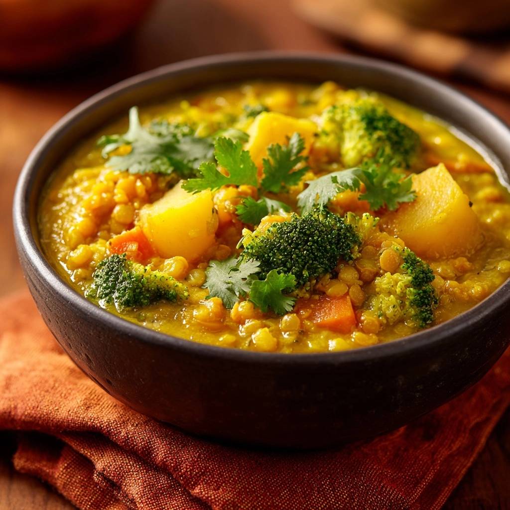 Cremig Linsencurry Mit Brokkoli Und Kartoffeln Nahaufnahme 1 Cremiges Linsencurry mit Brokkoli und Kartoffeln in Nahaufnahme, garniert mit frischer Koriander, serviert in einer dunklen Schüssel.