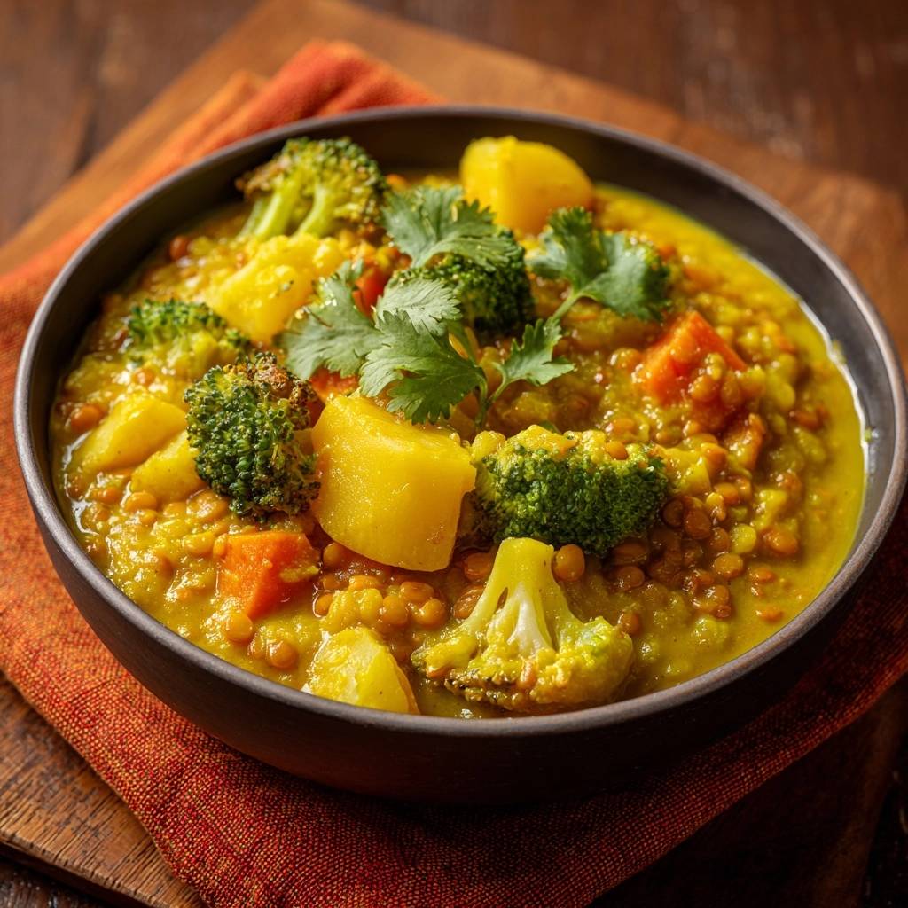 Cremiges Linsencurry mit Brokkoli und Kartoffeln in Nahaufnahme, garniert mit frischen Kräutern, serviert in einer dunklen Schüssel.