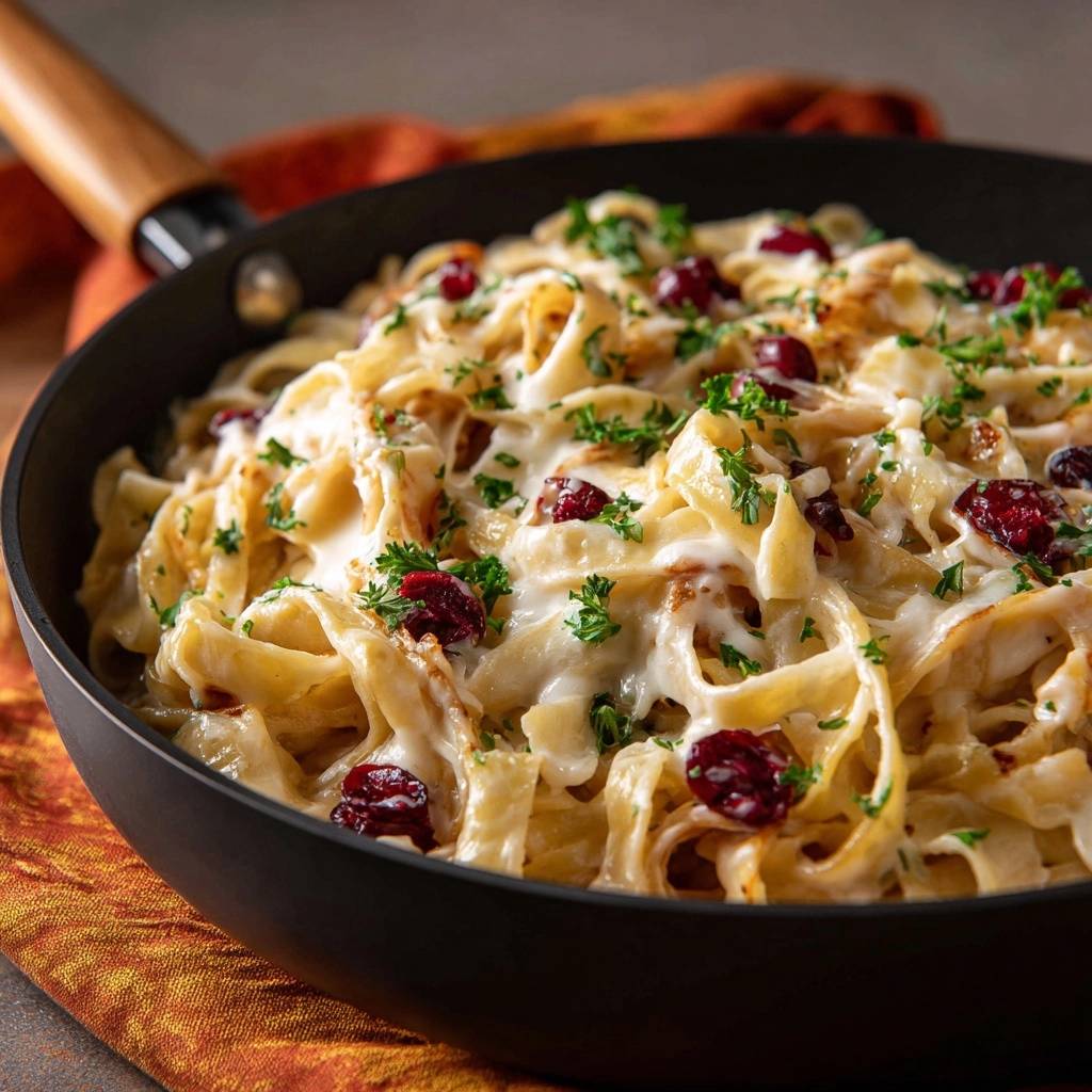 Cremige Cranberry Tagliatelle Nahaufnahme Serviert 1 Cremige Cranberry-Tagliatelle in einer Pfanne, garniert mit frischer Petersilie und getrockneten Cranberries, serviert auf einem orangefarbenen Tischtuch.