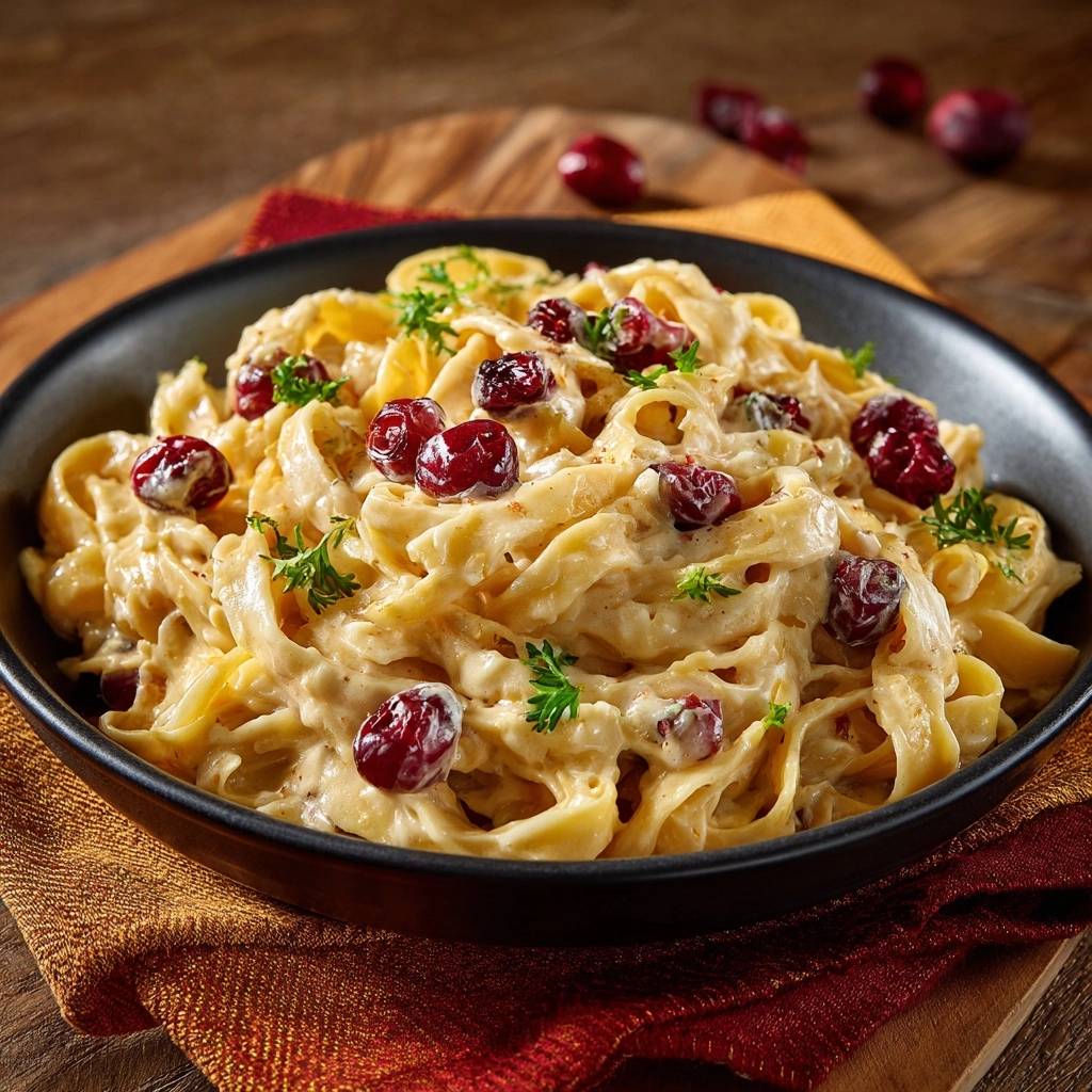 Cremige Cranberry-Tagliatelle in einer Nahaufnahme, garniert mit frischer Petersilie und leuchtenden, roten Cranberries. Das cremige Gericht wird in einer schwarzen Schüssel serviert.