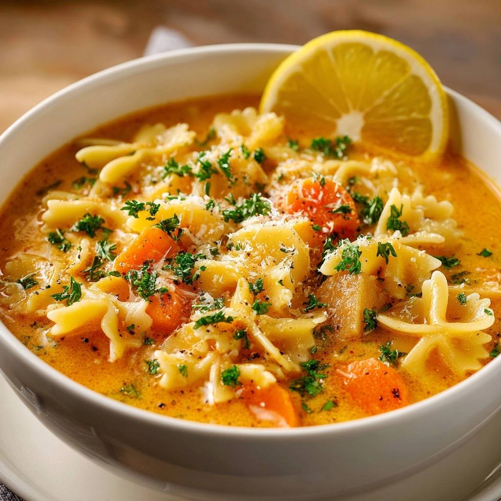 Cremige Farfalle Karotten Kartoffelsuppe Serviert 1 Cremige Farfalle-Karotten-Kartoffelsuppe, serviert in einer weißen Schüssel, mit frischen Kräutern und einem Zitronenschnitz garniert.