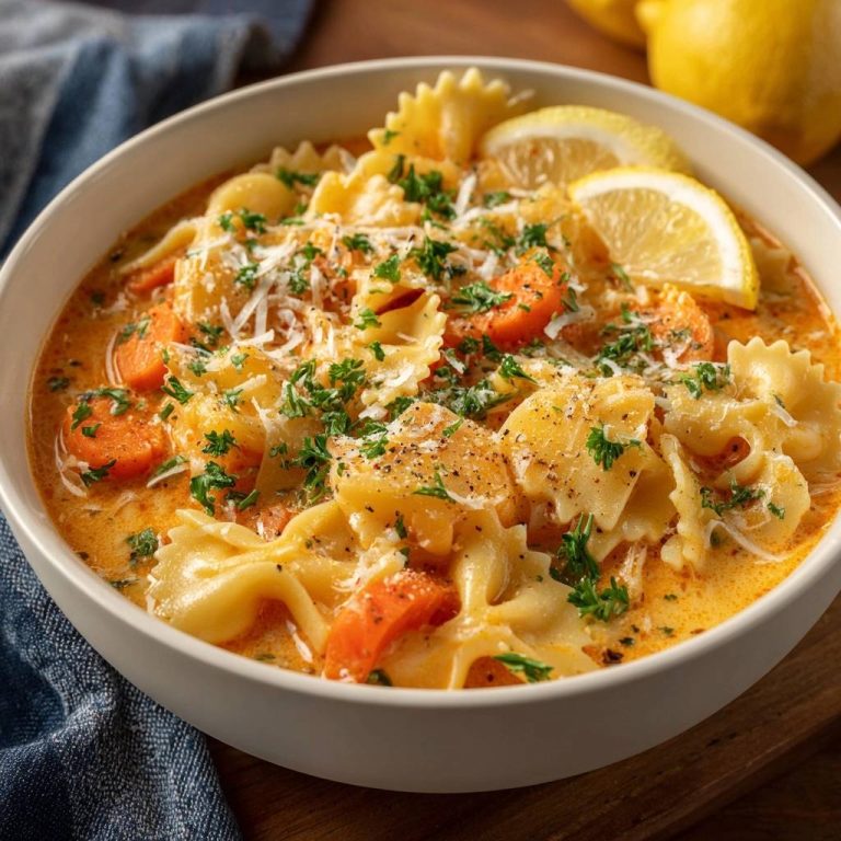 Cremige Farfalle-Karotten-Kartoffelsuppe, serviert in einer cremigen Schüssel, garniert mit frischer Petersilie und Parmesan. Dazu Zitronenscheiben.