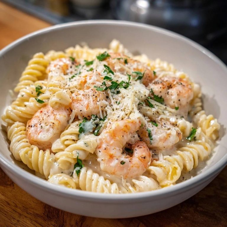 Cremige Fusilli mit Garnelen in einer Schüssel. Nahaufnahme zeigt die cremige Sauce, Garnelen und frisch geriebenen Käse.