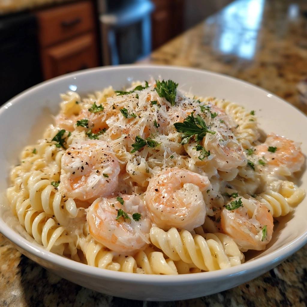 Cremige Fusilli mit Garnelen in einer weißen Schüssel serviert, garniert mit frischer Petersilie und geriebenem Käse. Die saftigen Garnelen sind perfekt zubereitet.