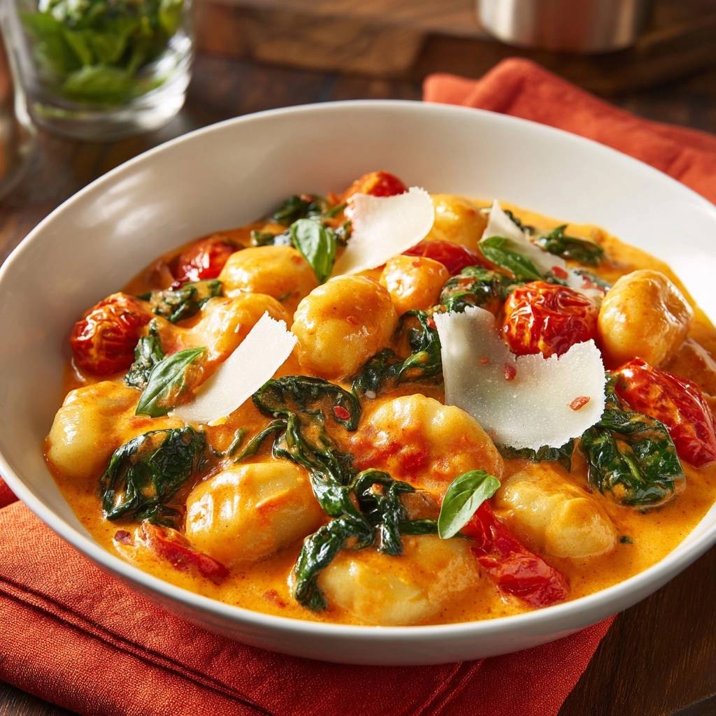 Cremige Gnocchi mit Spinat & Tomaten, serviert in einer weißen Schüssel, garniert mit frischen Basilikumblättern und Parmesan.
