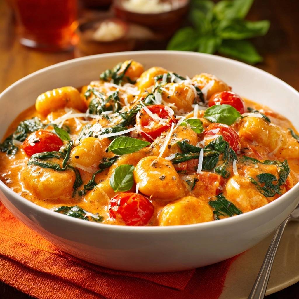 Cremige Gnocchi mit Spinat und Tomaten in einer weißen Schüssel serviert, garniert mit frischem Basilikum und Parmesan.