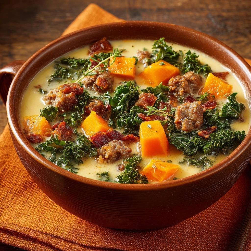 Cremige Gruenkohl Kuerbis Suppe Mit Wurst Und Speck Nahaufna 1 Cremige Grünkohl-Kürbis-Suppe mit Wurst und Speck in einer Nahaufnahme, serviert in einer rustikalen Schüssel, mit frischem Gemüse und Speck.