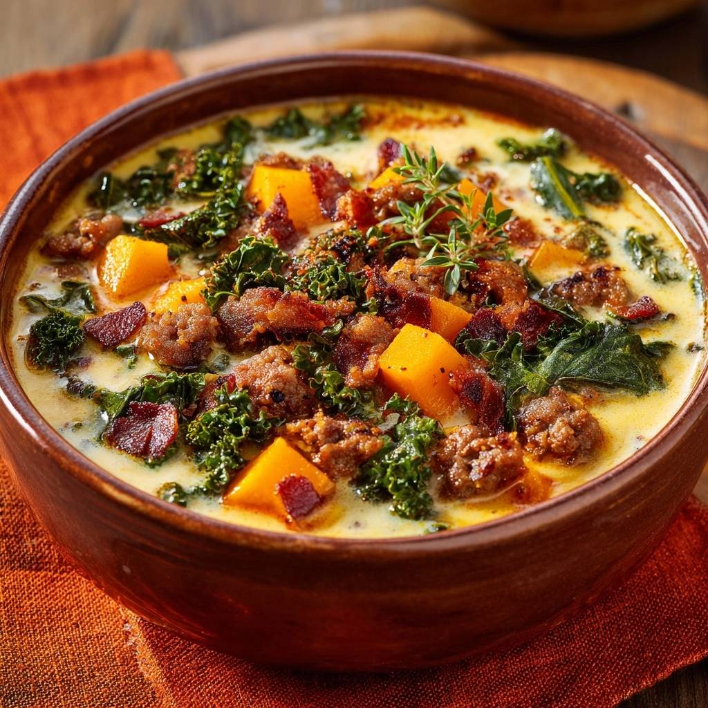 Cremige Grünkohl-Kürbis-Suppe mit Wurst und Speck in einer rustikalen Schüssel, serviert in einer Nahaufnahme von oben. Die cremige Suppe ist mit Grünkohl, Kürbis und Speck garniert.