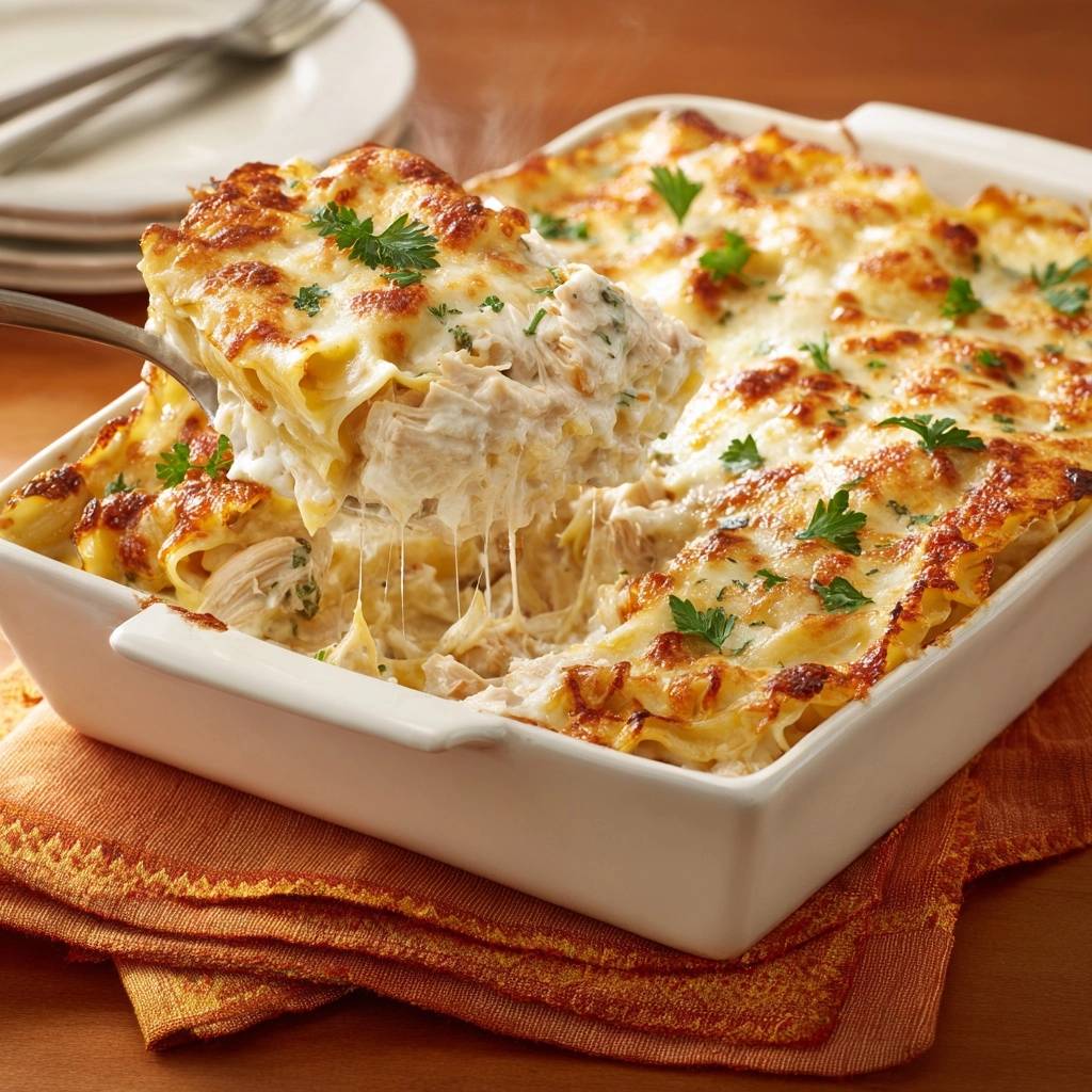 Cremige Hähnchen-Lasagne in Nahaufnahme, mit einer Gabel herausgehoben, zeigt den geschmolzenen Käse und die saftige Füllung.