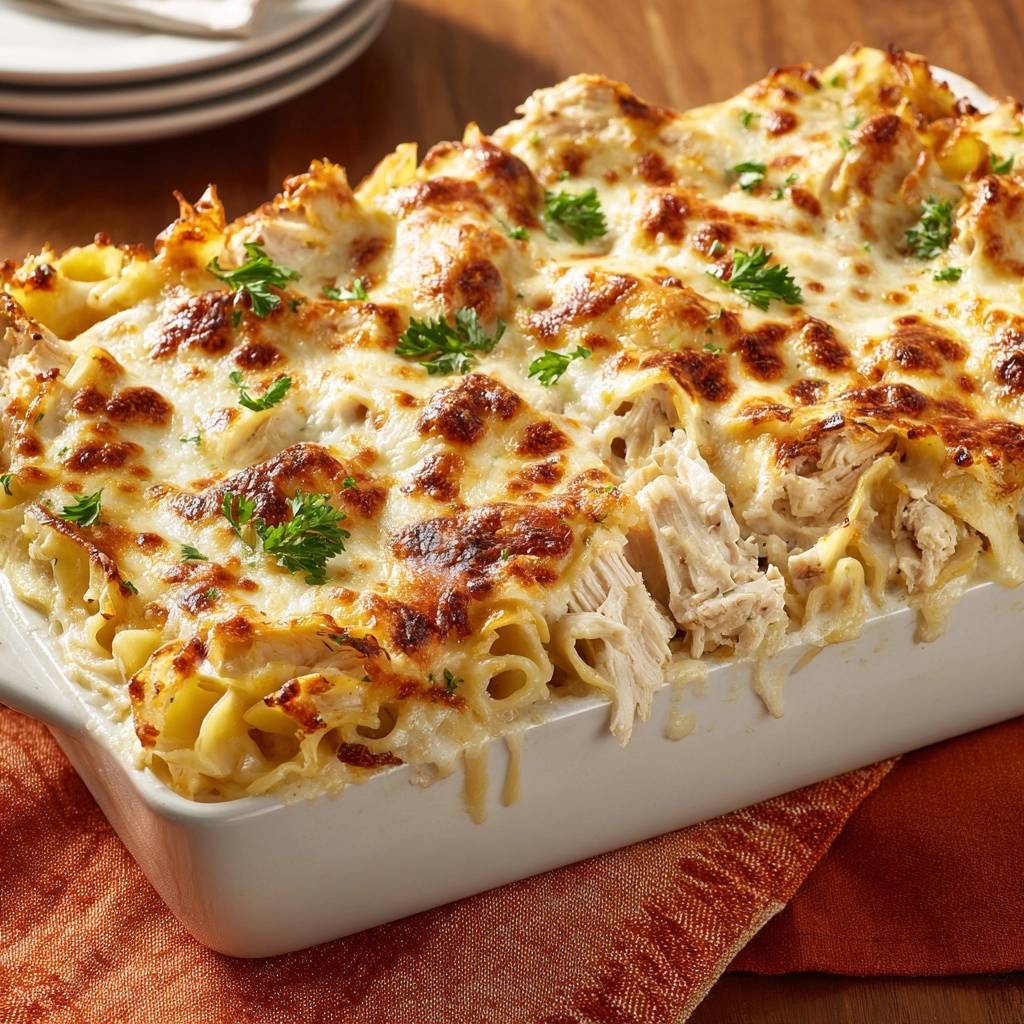Cremige Huhn Lasagne Querschnitt 1 Cremige Hähnchen-Lasagne im Anschnitt, die cremige Textur und die saftigen Hähnchenstücke deutlich zeigt. Ein köstliches Gericht für Genießer!