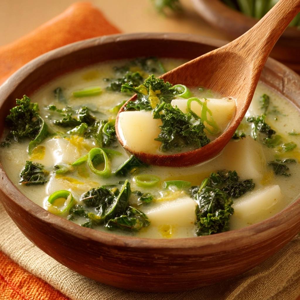 Cremige Kartoffel Grnkohl Suppe Holzlffel 1 Cremige Kartoffel-Grünkohl-Suppe mit einem Holzlöffel voller Kartoffelstücke und Grünkohl, serviert in einer Holzschale.