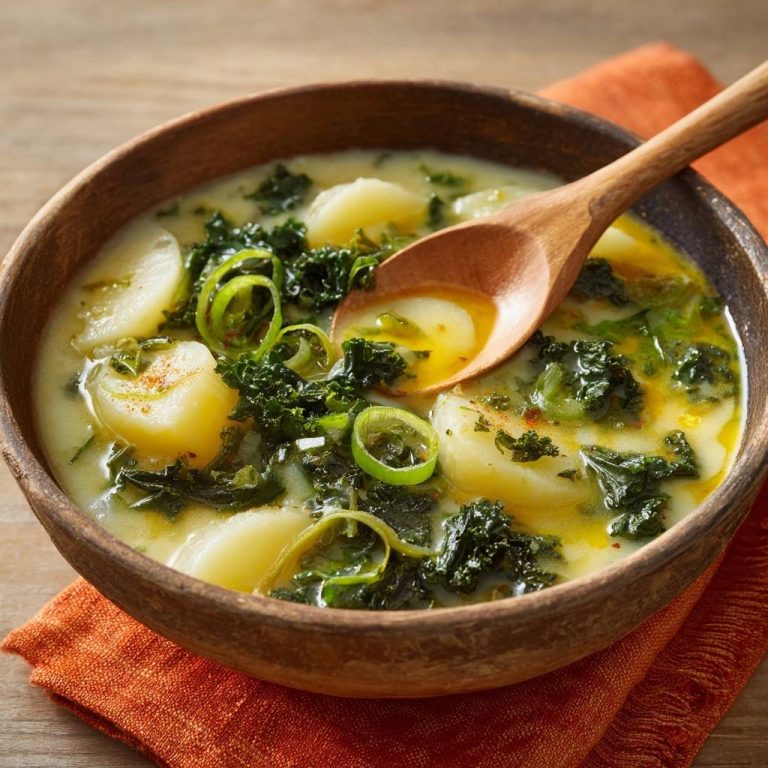 Cremige Kartoffel-Grünkohl-Suppe in einer Holzschale, mit einem Löffel, der die cremige Textur zeigt. Der Grünkohl ist frisch und die Kartoffeln sind weich.