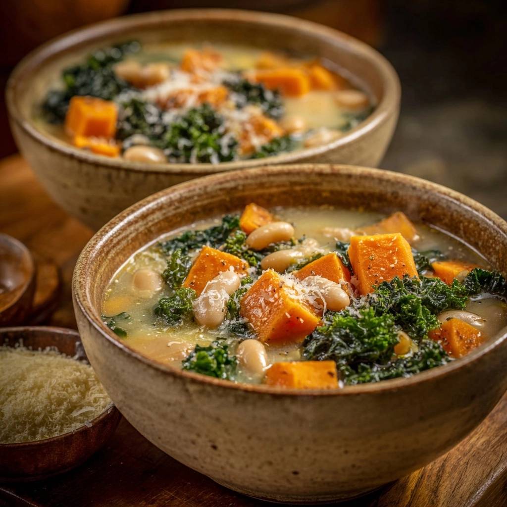 Cremige Kuerbis Bohnen Suppe Mit Gruenkohl Nahaufnahme 1 Cremige Kürbis-Bohnen-Suppe mit Grünkohl in einer rustikalen Schale, serviert mit frischem Parmesan und einer Nahaufnahme der Zutaten.
