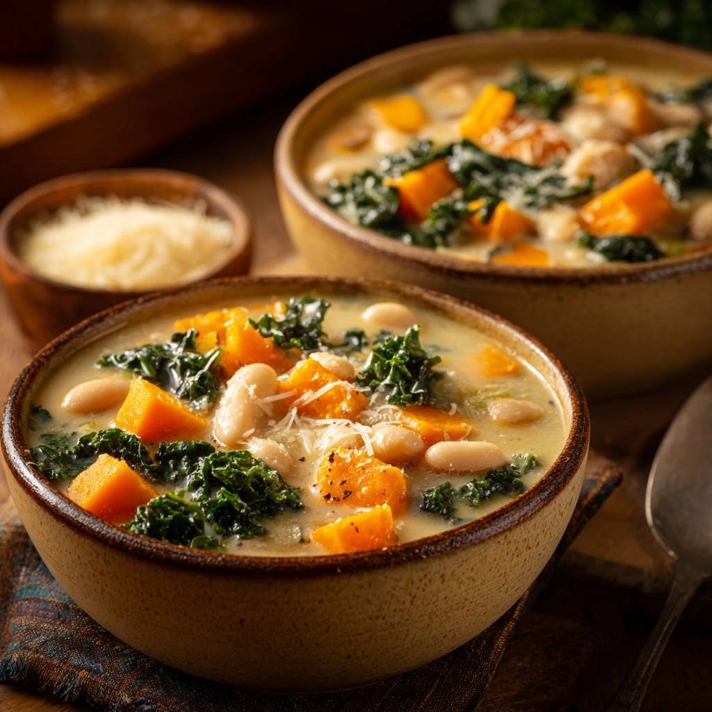 Cremige Kürbis-Bohnen-Suppe mit Grünkohl serviert in rustikalen Schalen, garniert mit Käse, serviert auf einem Holztisch. Eine herzhafte und sättigende Mahlzeit.