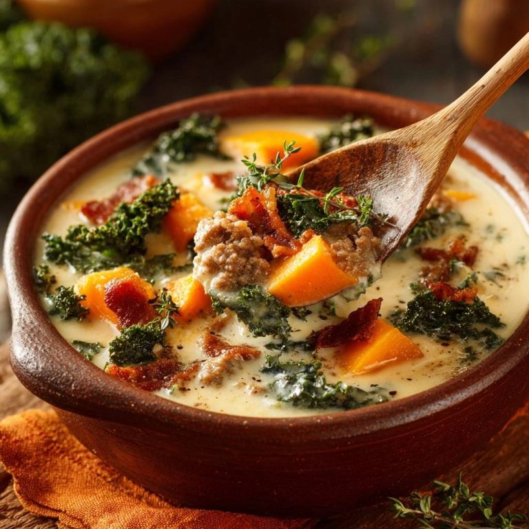 Cremige Kürbis-Grünkohl-Suppe mit Hackbällchen & Speck in Nahaufnahme: Ein Löffel voll herzhafter Suppe mit Grünkohl, Kürbis, Speck und Hackfleisch.