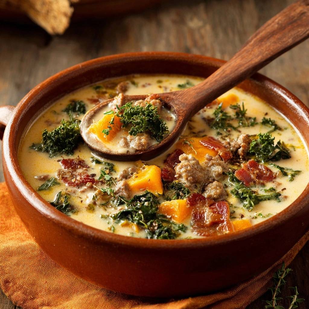 Cremige Kürbis-Grünkohl-Suppe mit Hackbällchen & Speck serviert in einer rustikalen Schüssel, mit einem Löffel zum Probieren.
