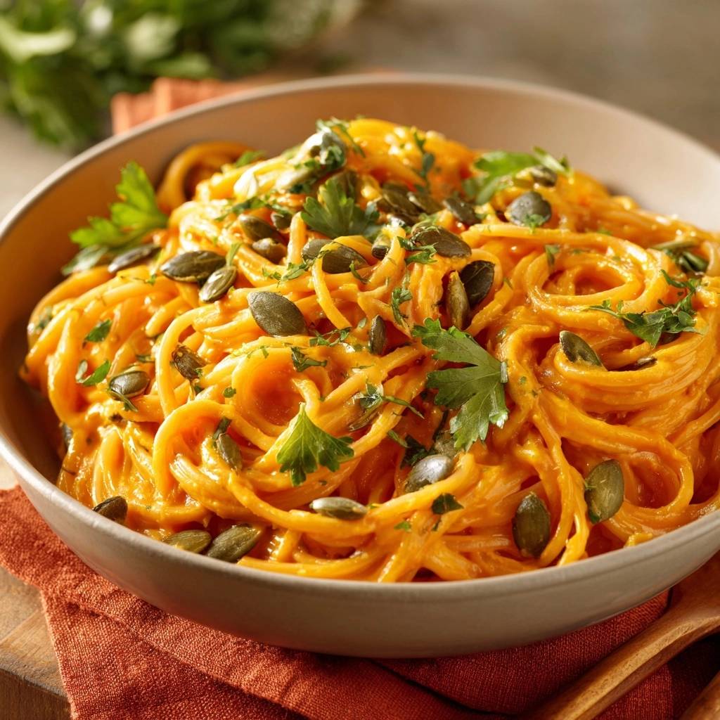 Cremige Kuerbisspaghetti Draufsicht Serviert 1 Cremige Kürbisspaghetti, serviert in einer Schüssel. Die cremige Pasta ist mit Kürbiskernen und frischer Petersilie garniert.