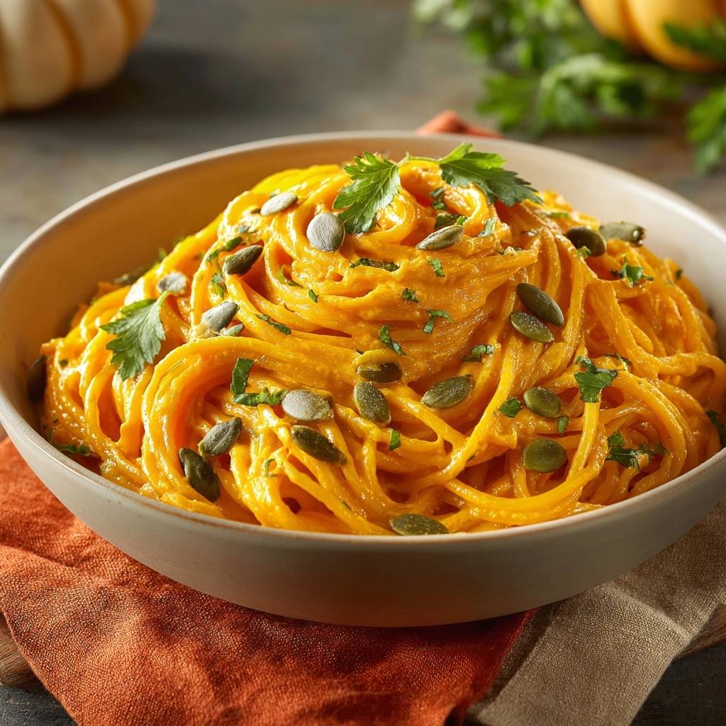 Cremige Kürbisspaghetti, serviert in einer Schüssel. Die hausgemachte Pasta ist mit Kürbiskernen und frischen Kräutern garniert.