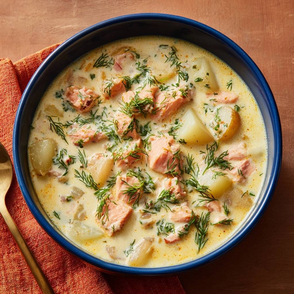 Cremige Lachs-Kartoffelsuppe mit Dill in einer blauen Schüssel, serviert von oben, mit frischem Dill garniert.
