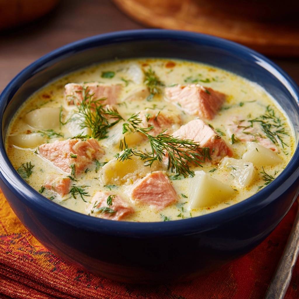 Cremige Lachs Kartoffelsuppe Mit Dill Nahaufnahme 1 Cremige Lachs-Kartoffelsuppe mit Dill in einer blauen Schüssel, Nahaufnahme mit frischem Dill und saftigen Lachsstücken. Der cremige Eintopf ist ein Genuss.