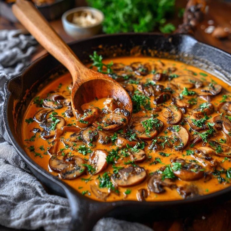Cremige Paprika-Champignons, serviert in der Pfanne, mit einem Holzlöffel, der die cremige Sauce und Champignons zeigt.
