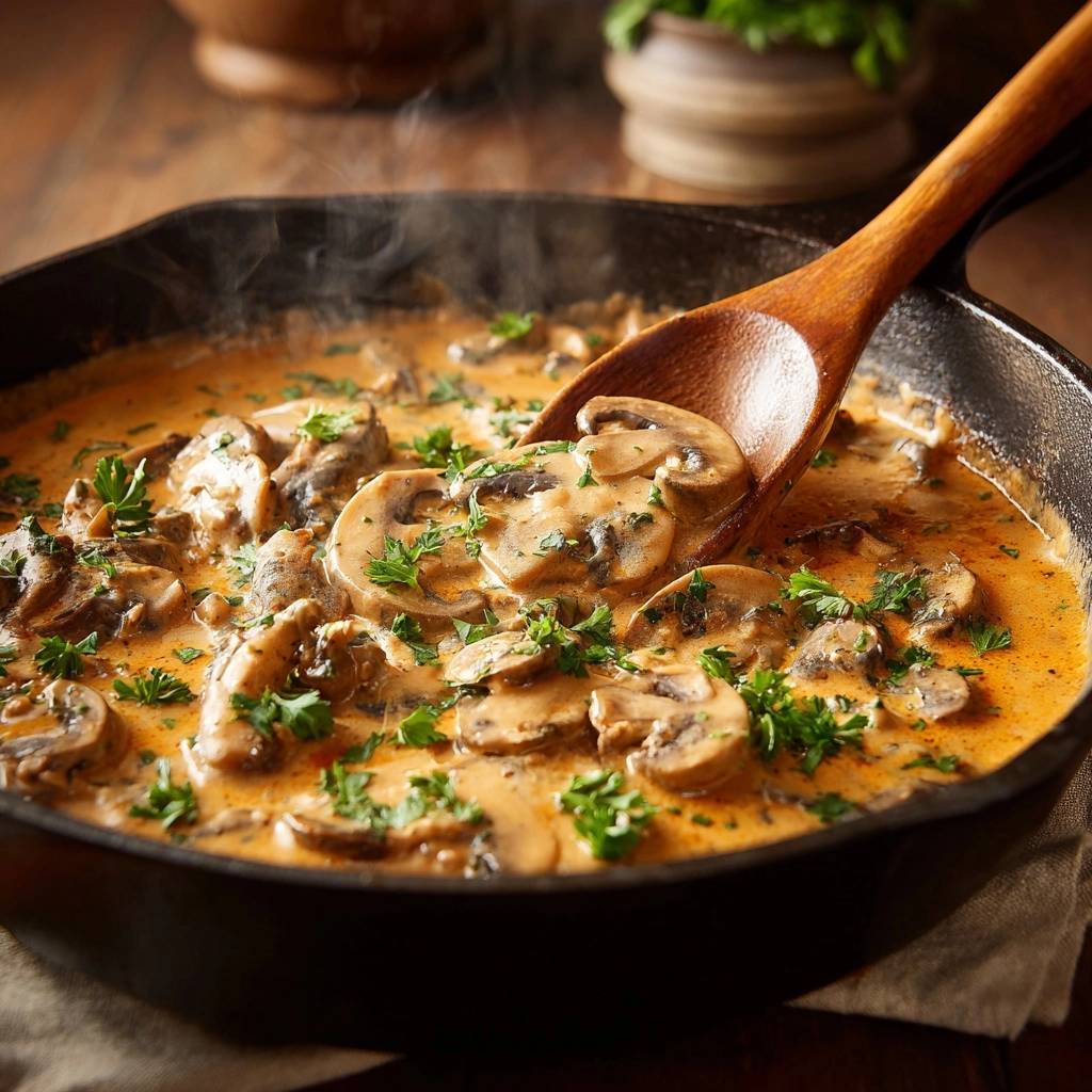 Cremige Paprika Champignons Nahaufnahme Mit Lffel 1 Cremige Paprika-Champignons in einer gusseisernen Pfanne, mit einem Holzlöffel, der Pilze aufnimmt und mit frischer Petersilie garniert ist.