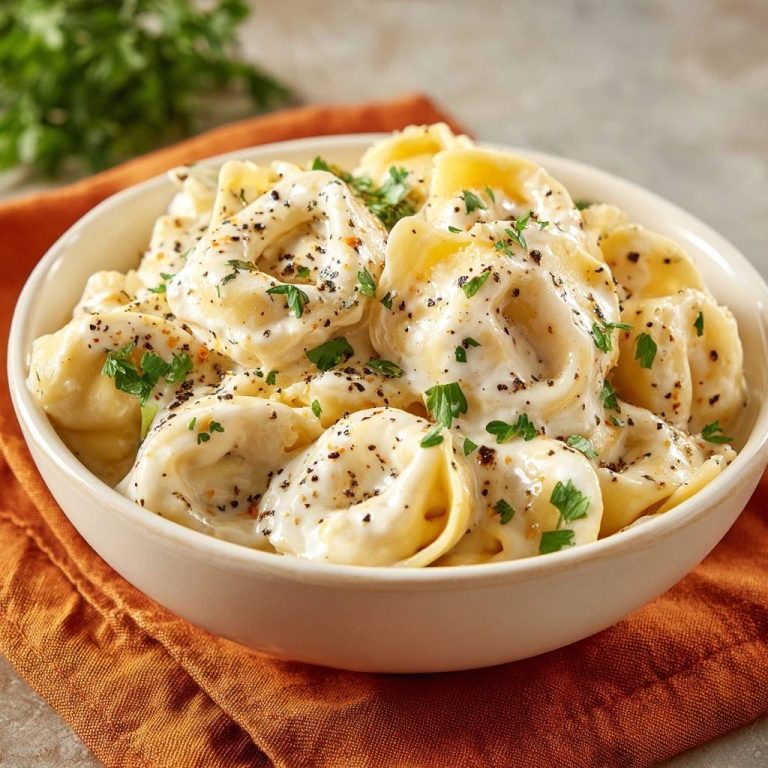 Cremige Ravioli mit Pfeffer und Petersilie in einer Schüssel, serviert und mit frischer Petersilie garniert. Ein köstliches Nudelgericht.