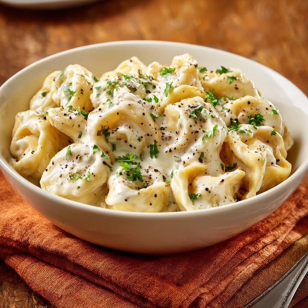 Cremige Ravioli mit Pfeffer und Petersilie werden in einer Schüssel serviert, garniert mit frischer Petersilie und grob gemahlenem Pfeffer.