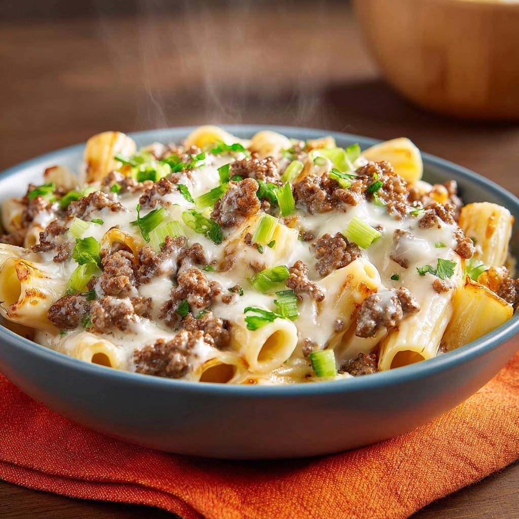 Cremige Rigatoni Mit Hackfleisch Und Lauch Draufsicht 1 Cremige Rigatoni mit Hackfleisch und Lauch, hier in einer Nahaufnahme von oben, dampfend und mit frischem Lauch garniert.