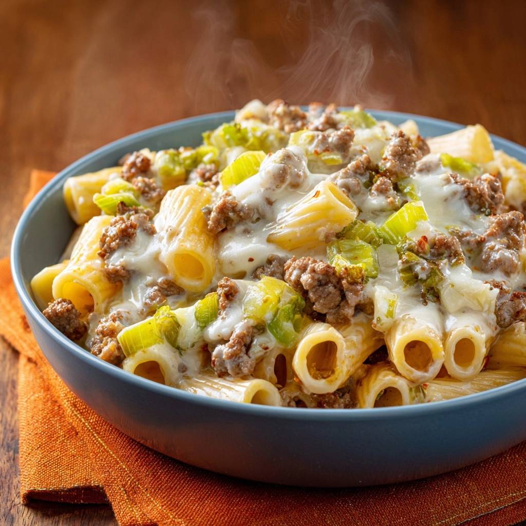 Cremige Rigatoni mit Hackfleisch und Lauch in Nahaufnahme, dampfend heiß serviert in einer blauen Schüssel auf einem orangefarbenen Tischtuch.